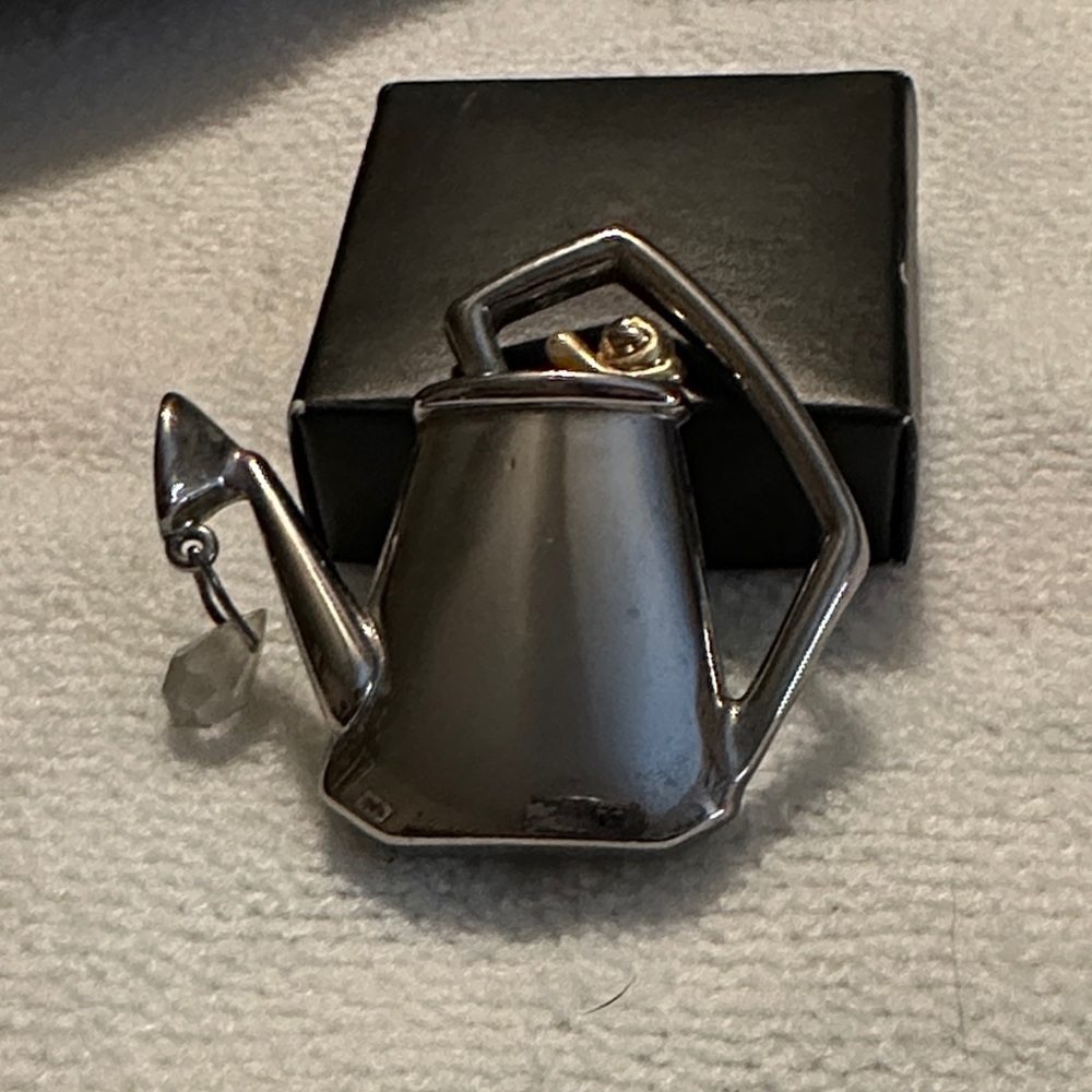 Silver Watering Can Brooch with Gold Tone Snail and Crystal-like Water Droplet